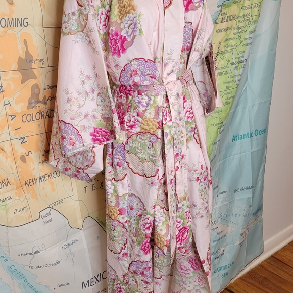 Sakurai Shoji Floral Pink Kimono Robe One Size With Belt 100% Cotton - Picture 9 of 16